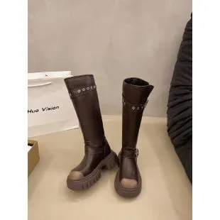 2025  Boots women's round head thick heel platform knight boots popular new high boots trendy small long boots