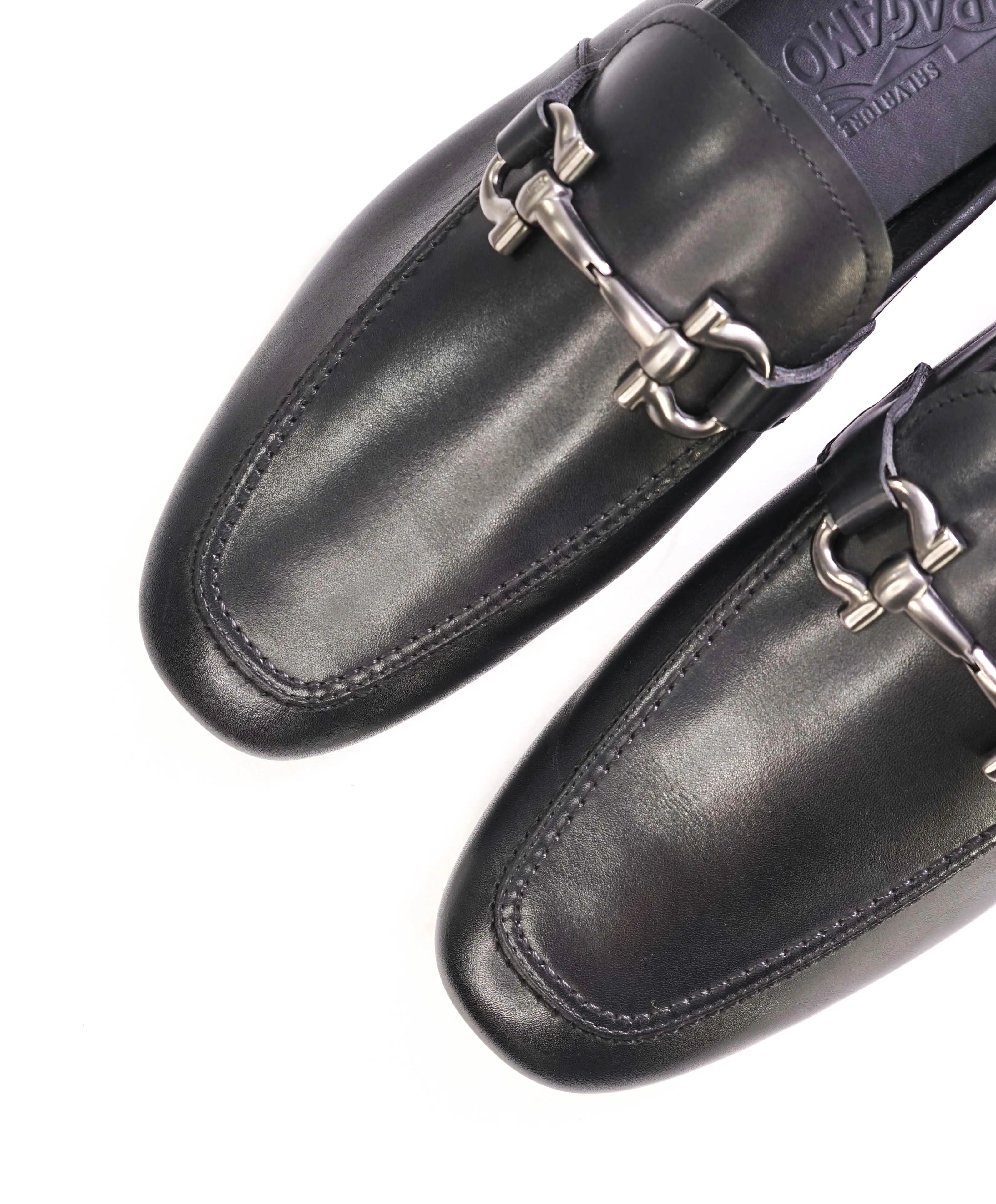 $795 SALVATORE FERRAGAMO -  "NOWELL" Black On Black Gancini Leather Loafer- 8.5 EE