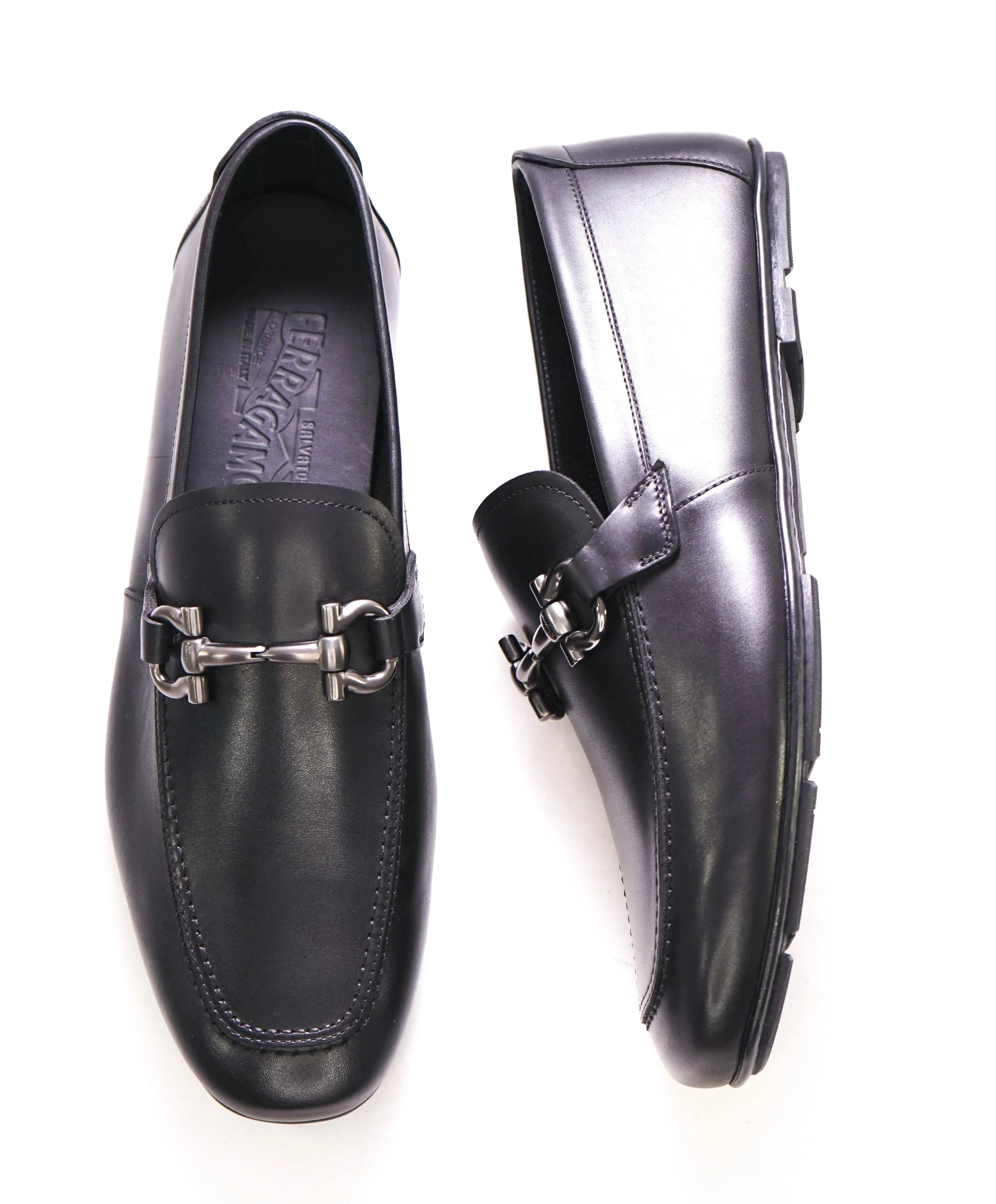 $795 SALVATORE FERRAGAMO -  "NOWELL" Black On Black Gancini Leather Loafer- 8.5 EE