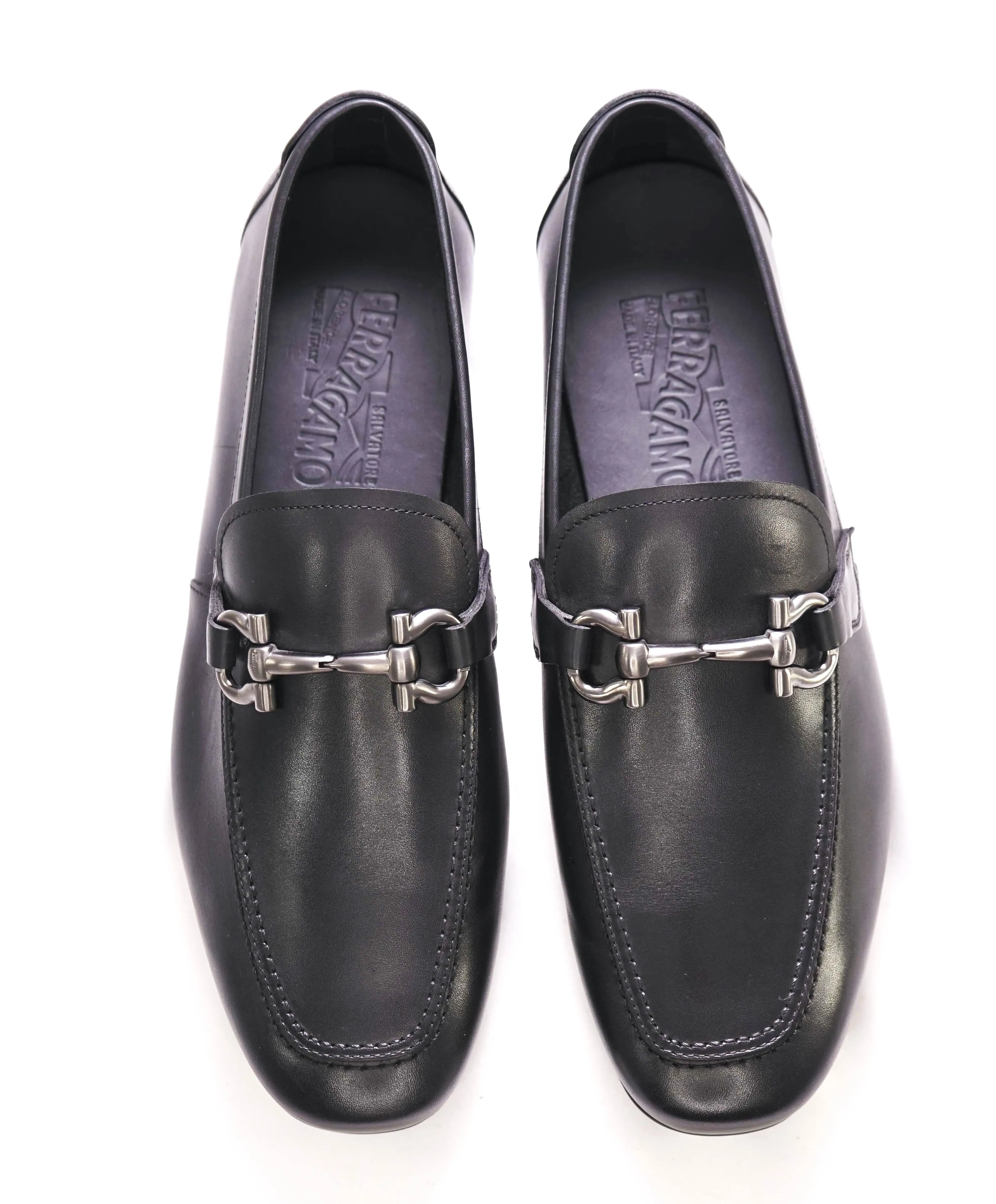 $795 SALVATORE FERRAGAMO -  "NOWELL" Black On Black Gancini Leather Loafer- 8.5 EE