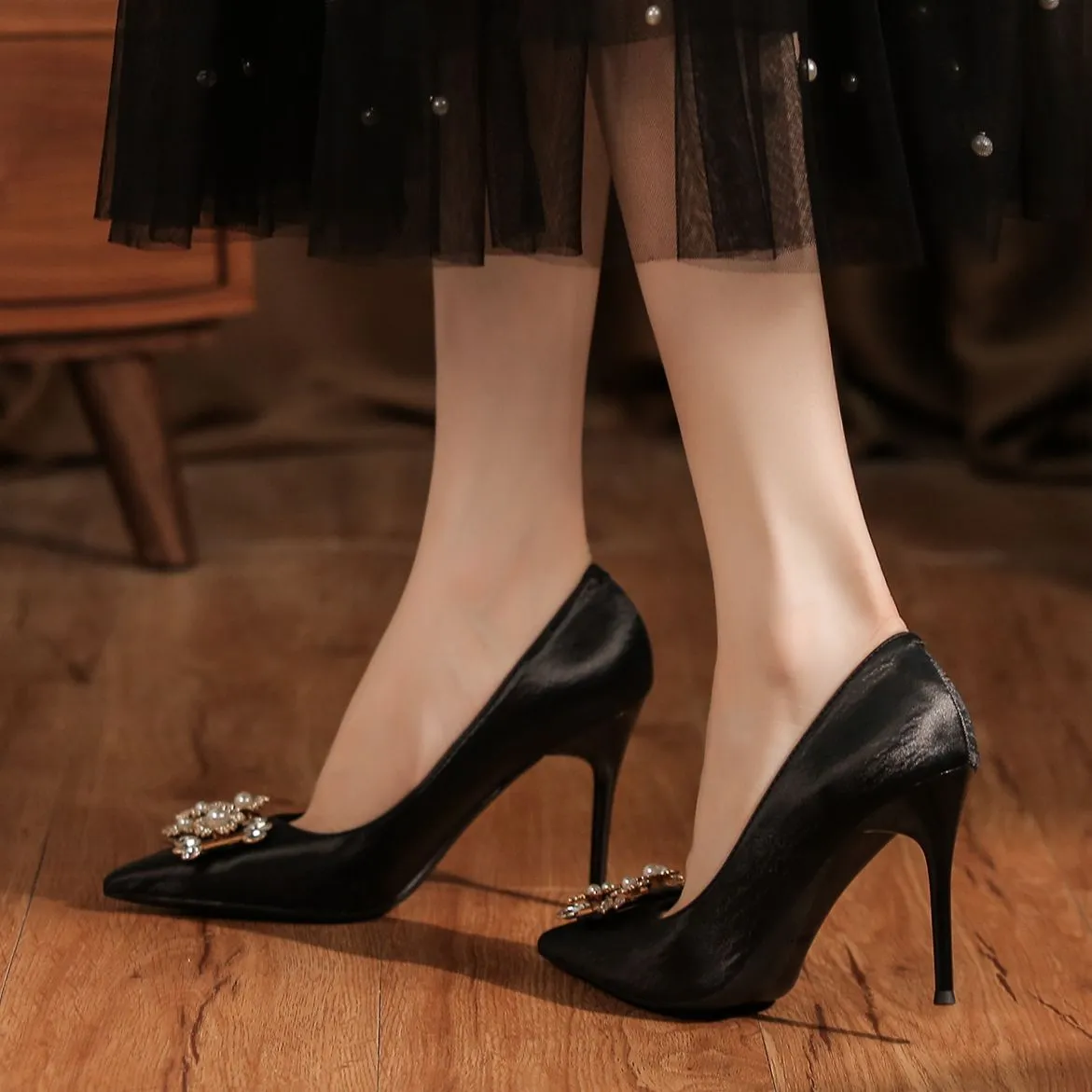 Alia Square Buckle High Heels (Black)