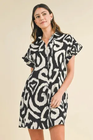Annie Wear Abstract Printed Frill Sleeve Shirt Mini Dress