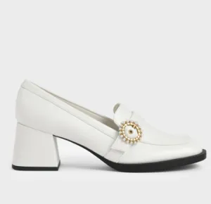 Beaded Accent Loafer Pumps, White