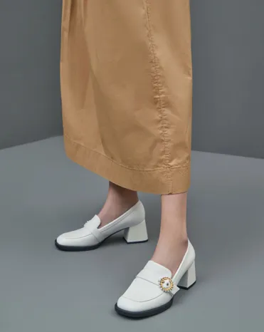 Beaded Accent Loafer Pumps, White