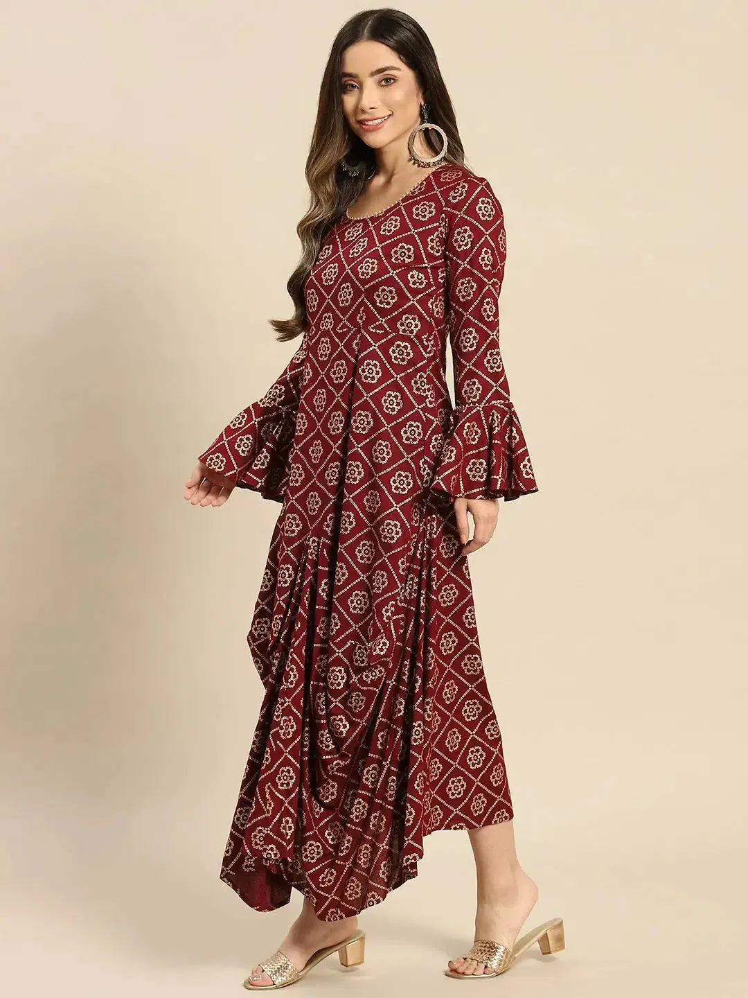 Bell Sleeve Long dress with front drape in Wine Color