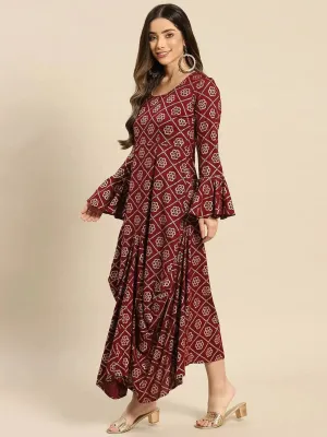 Bell Sleeve Long dress with front drape in Wine Color
