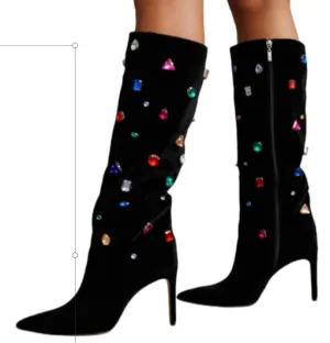 Black High Heel Crystal Decor Boots