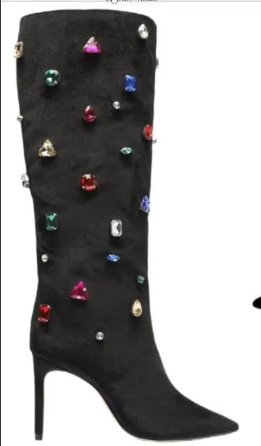 Black High Heel Crystal Decor Boots