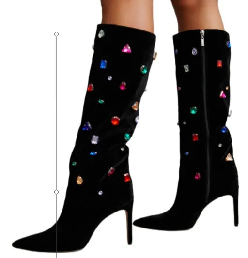 Black High Heel Crystal Decor Boots
