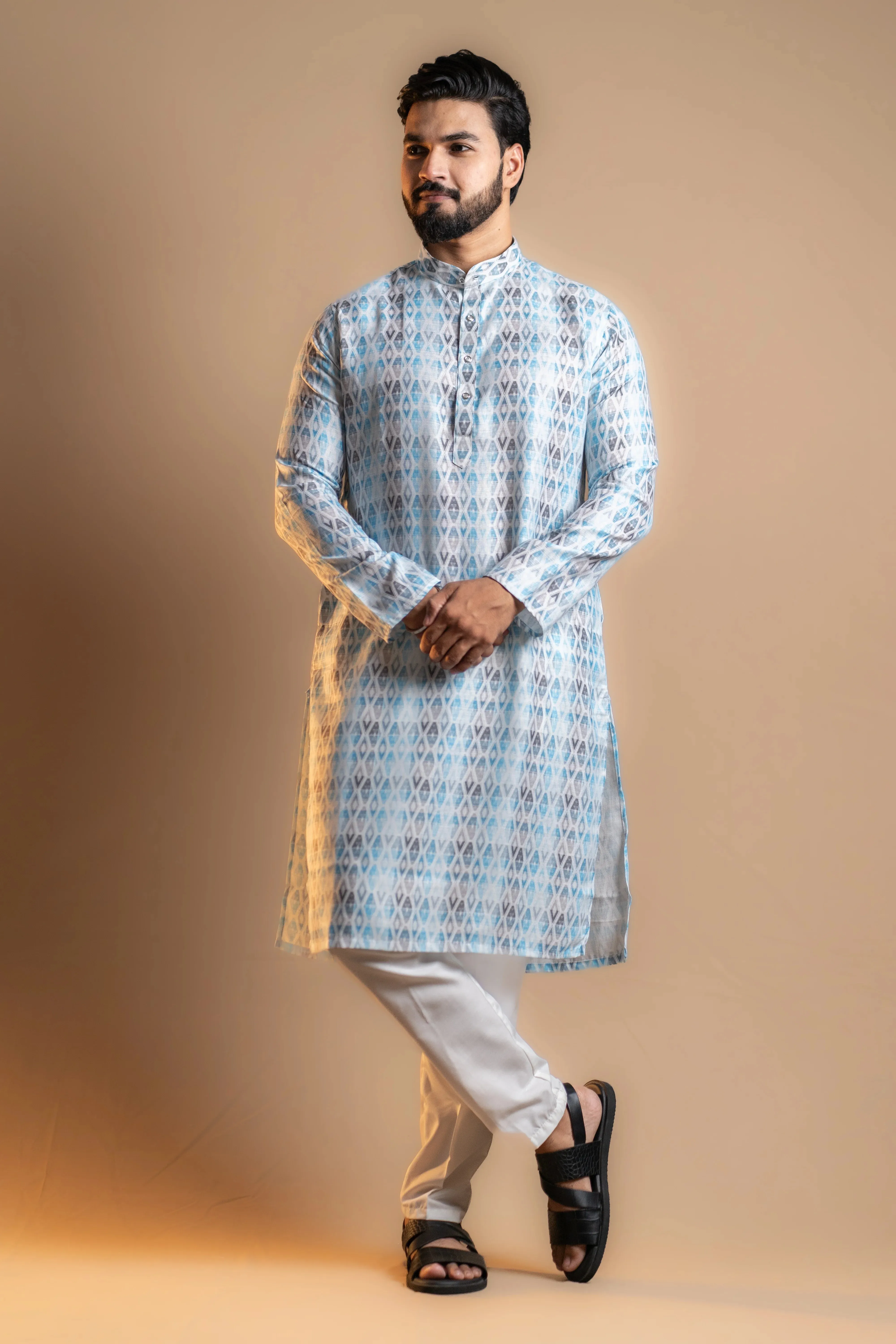 Blue Mixed-pattern Kurta Set for Men