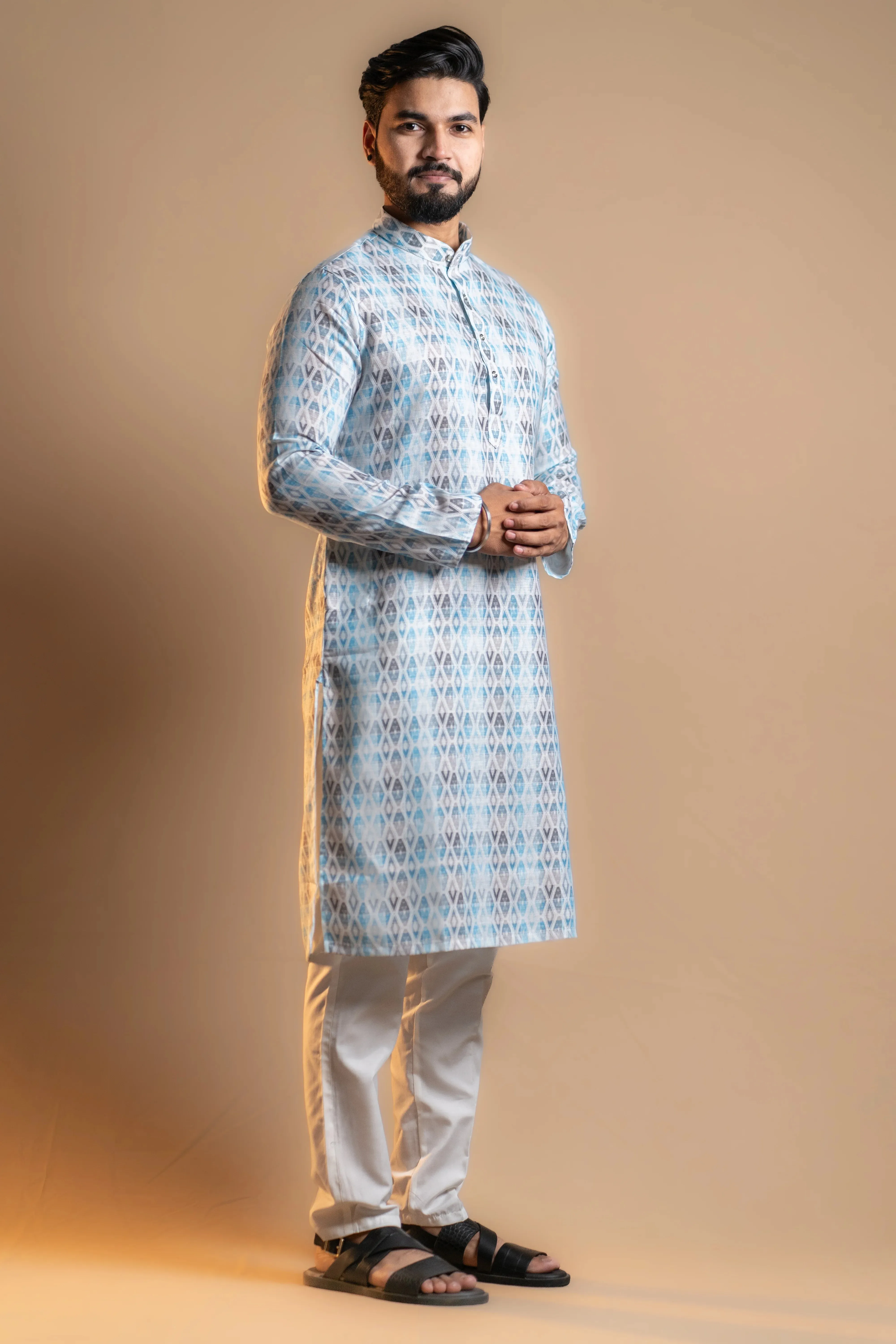 Blue Mixed-pattern Kurta Set for Men