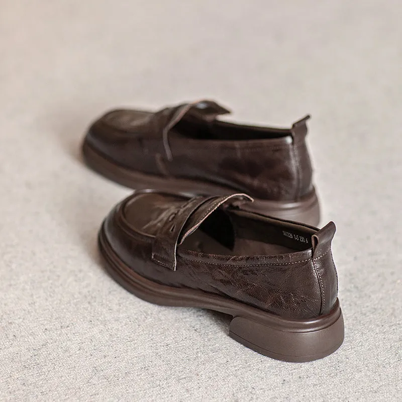 Brown Classic Vintage Textured Leather Loafers for Women