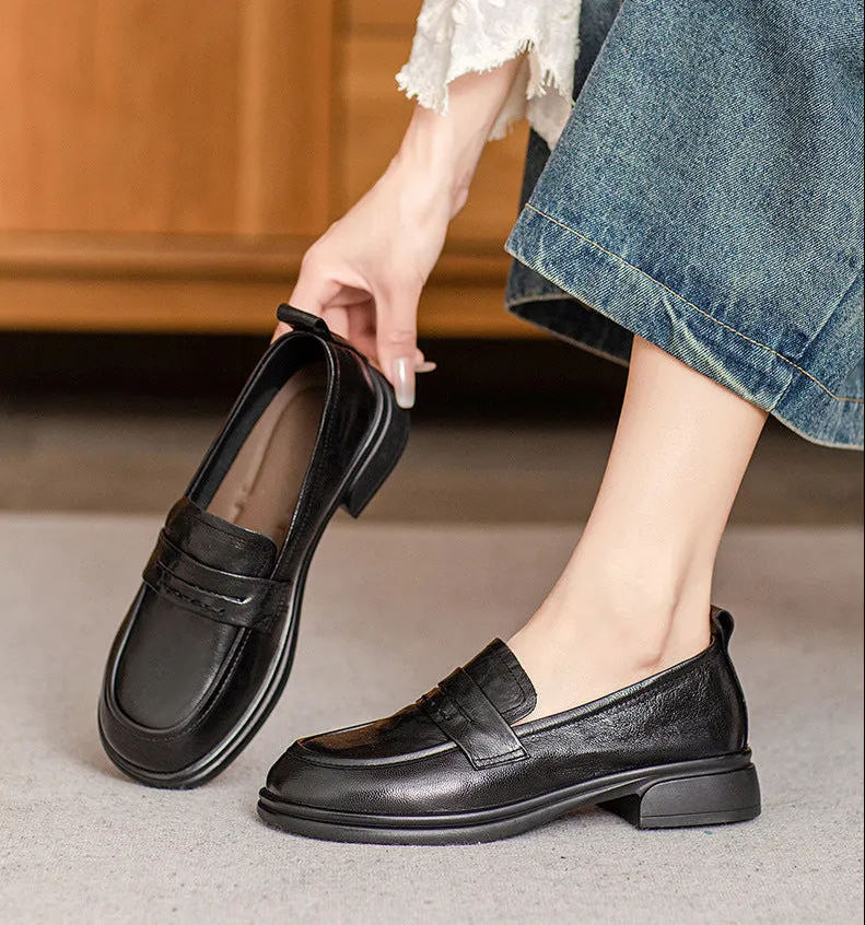 Brown Classic Vintage Textured Leather Loafers for Women
