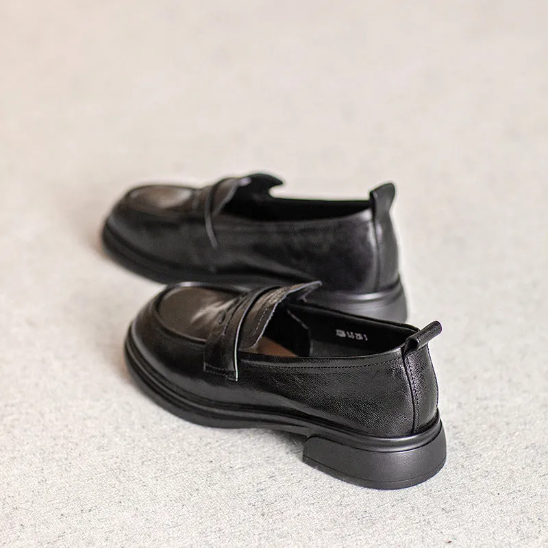Brown Classic Vintage Textured Leather Loafers for Women