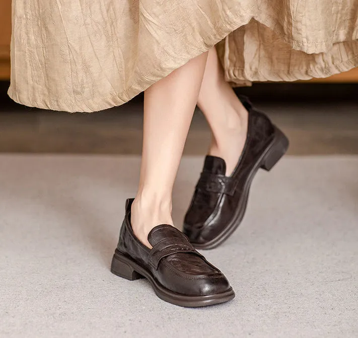 Brown Classic Vintage Textured Leather Loafers for Women