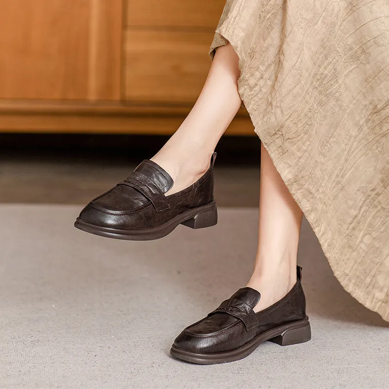 Brown Classic Vintage Textured Leather Loafers for Women
