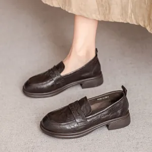 Brown Classic Vintage Textured Leather Loafers for Women