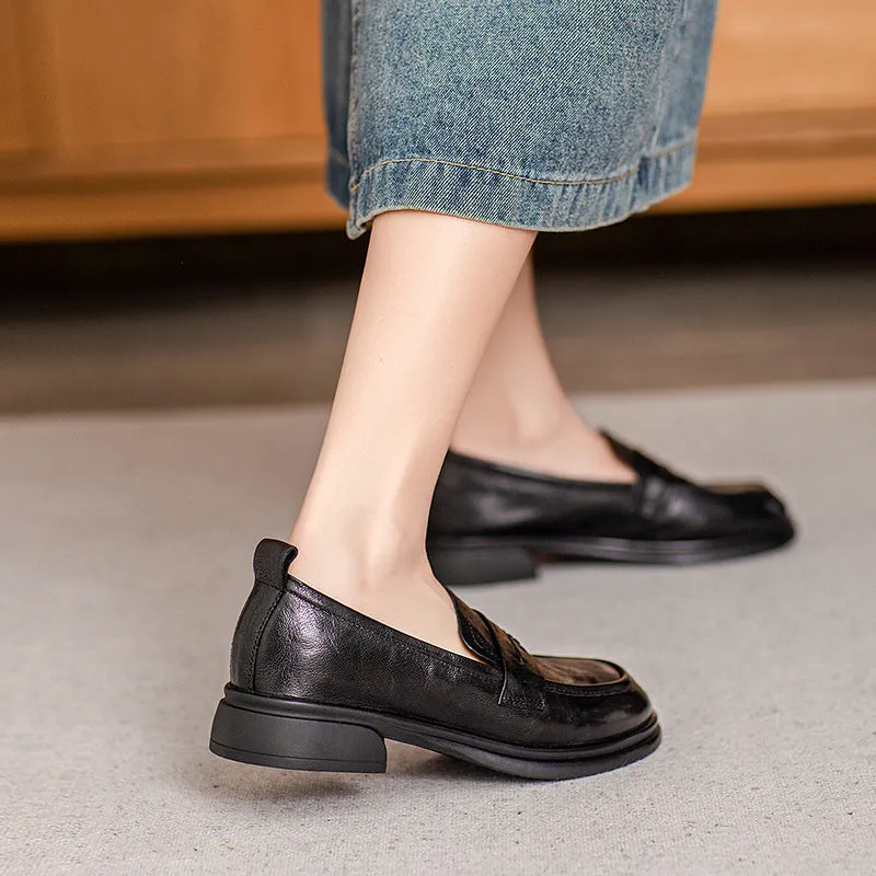 Brown Classic Vintage Textured Leather Loafers for Women