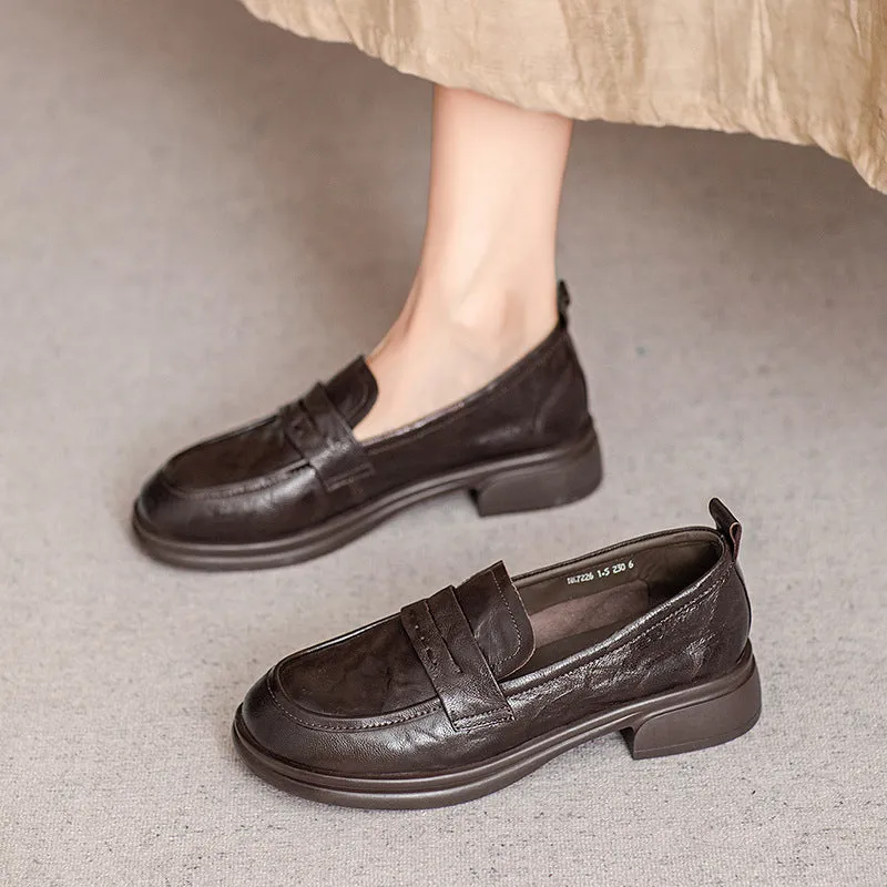 Brown Classic Vintage Textured Leather Loafers for Women