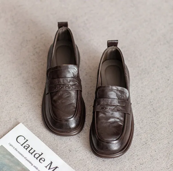 Brown Classic Vintage Textured Leather Loafers for Women