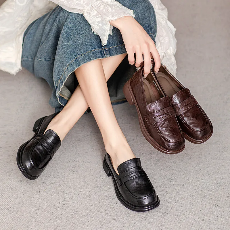 Brown Classic Vintage Textured Leather Loafers for Women