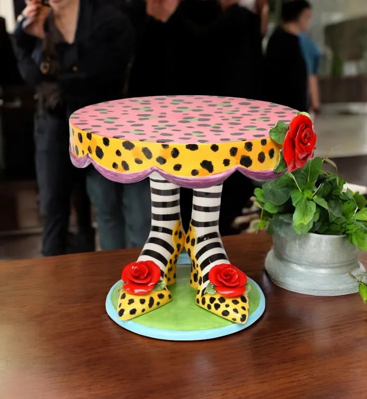 Ceramic Large Cake Stand - Leopard Print Heels with Red Rose Flowers, Kitchen Decor, Cafe Decor, Birthday Party Decor, Wedding Decor