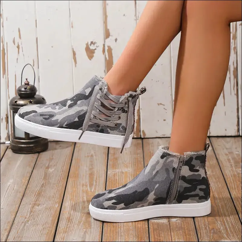 Chic Lace-Up Round Toe Canvas Boots with Side Zip