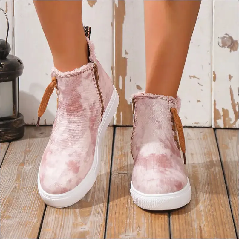 Chic Lace-Up Round Toe Canvas Boots with Side Zip