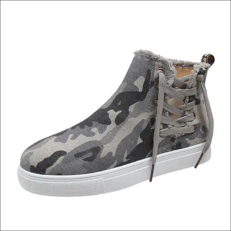 Chic Lace-Up Round Toe Canvas Boots with Side Zip
