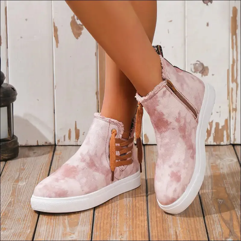 Chic Lace-Up Round Toe Canvas Boots with Side Zip