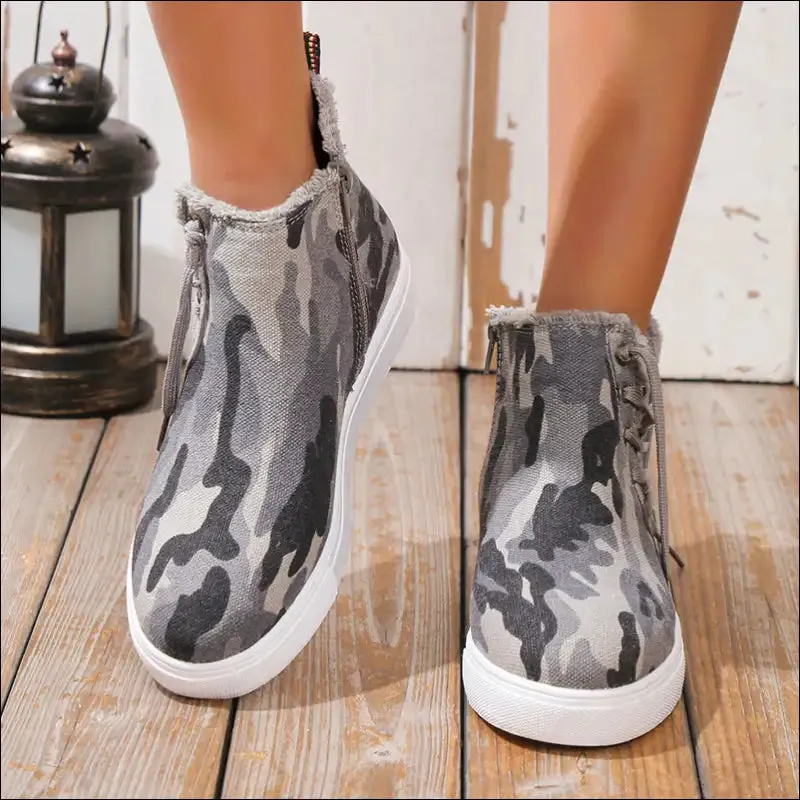 Chic Lace-Up Round Toe Canvas Boots with Side Zip