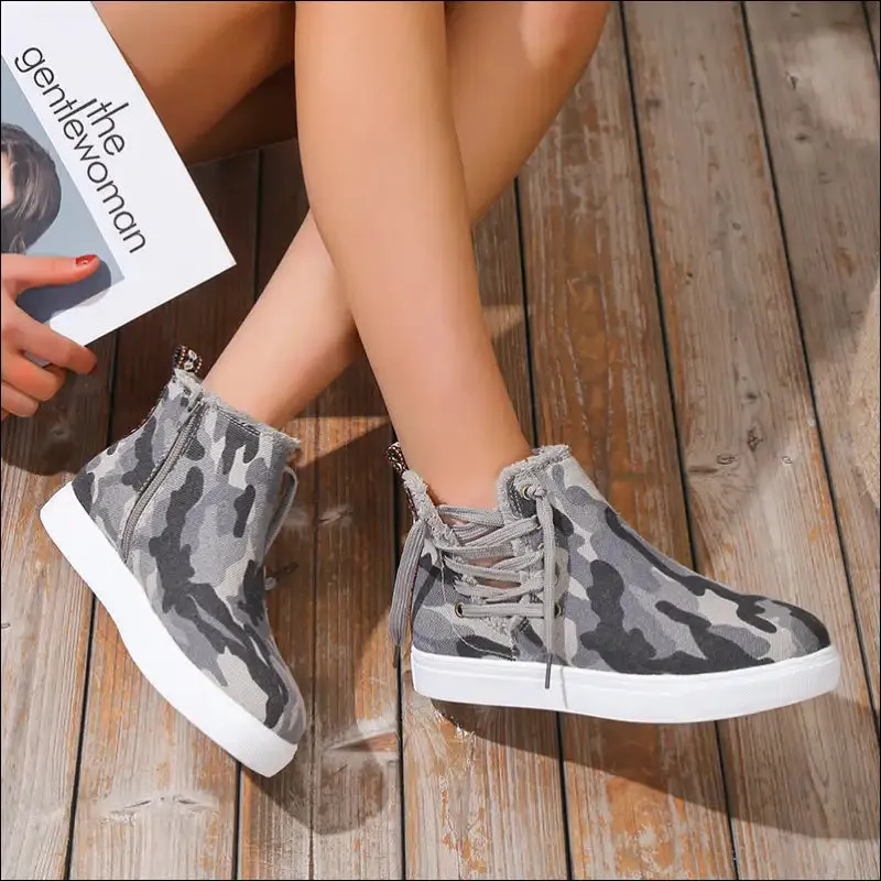 Chic Lace-Up Round Toe Canvas Boots with Side Zip
