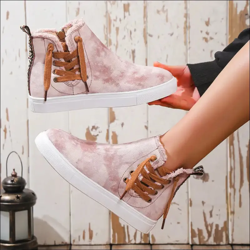 Chic Lace-Up Round Toe Canvas Boots with Side Zip