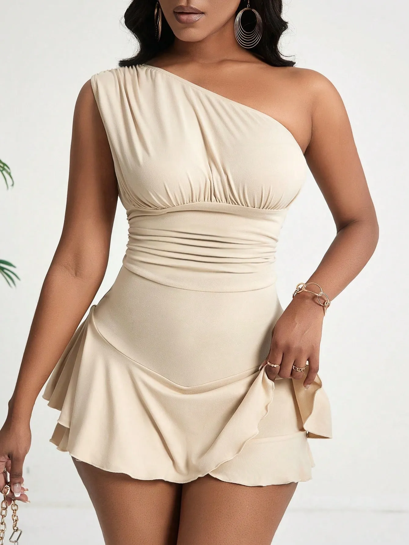 Chic One-Shoulder Ruched Flared Hem Mini Dress