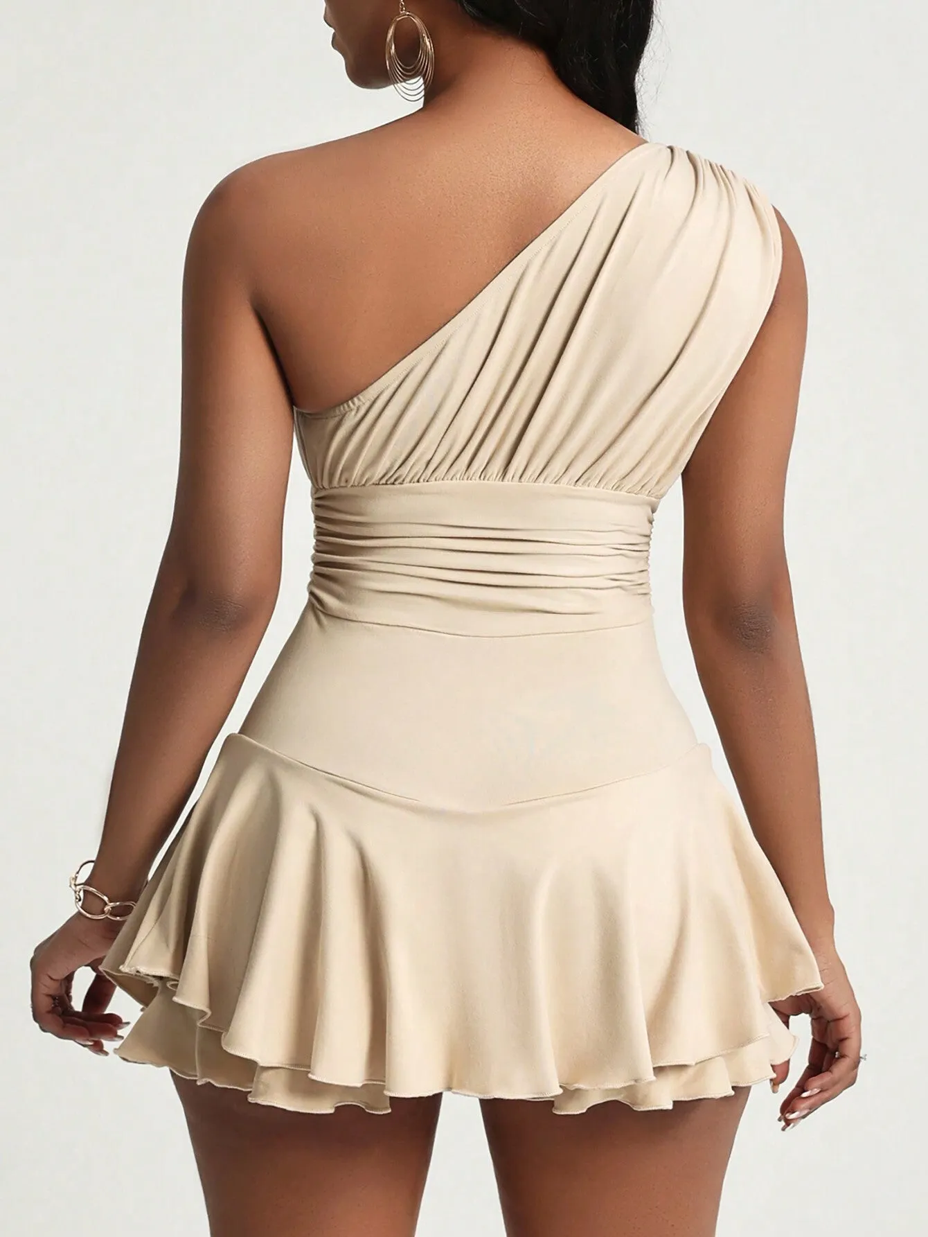 Chic One-Shoulder Ruched Flared Hem Mini Dress