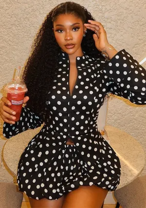 Chic Polka Dot Zip-Up Top and Bubble Skirt Two-Piece Set