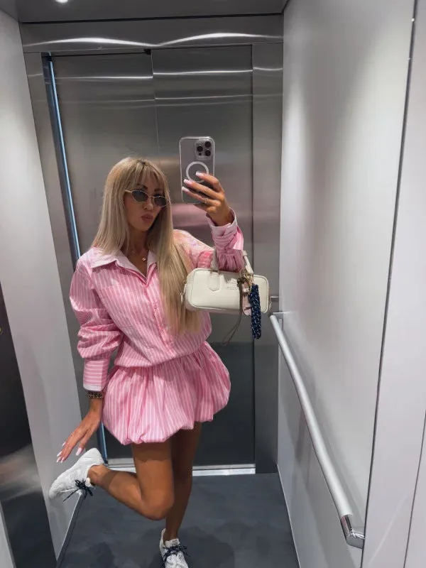 Chic Striped Button-Up Shirt and Playful Bubble Skirt Two-Piece Set