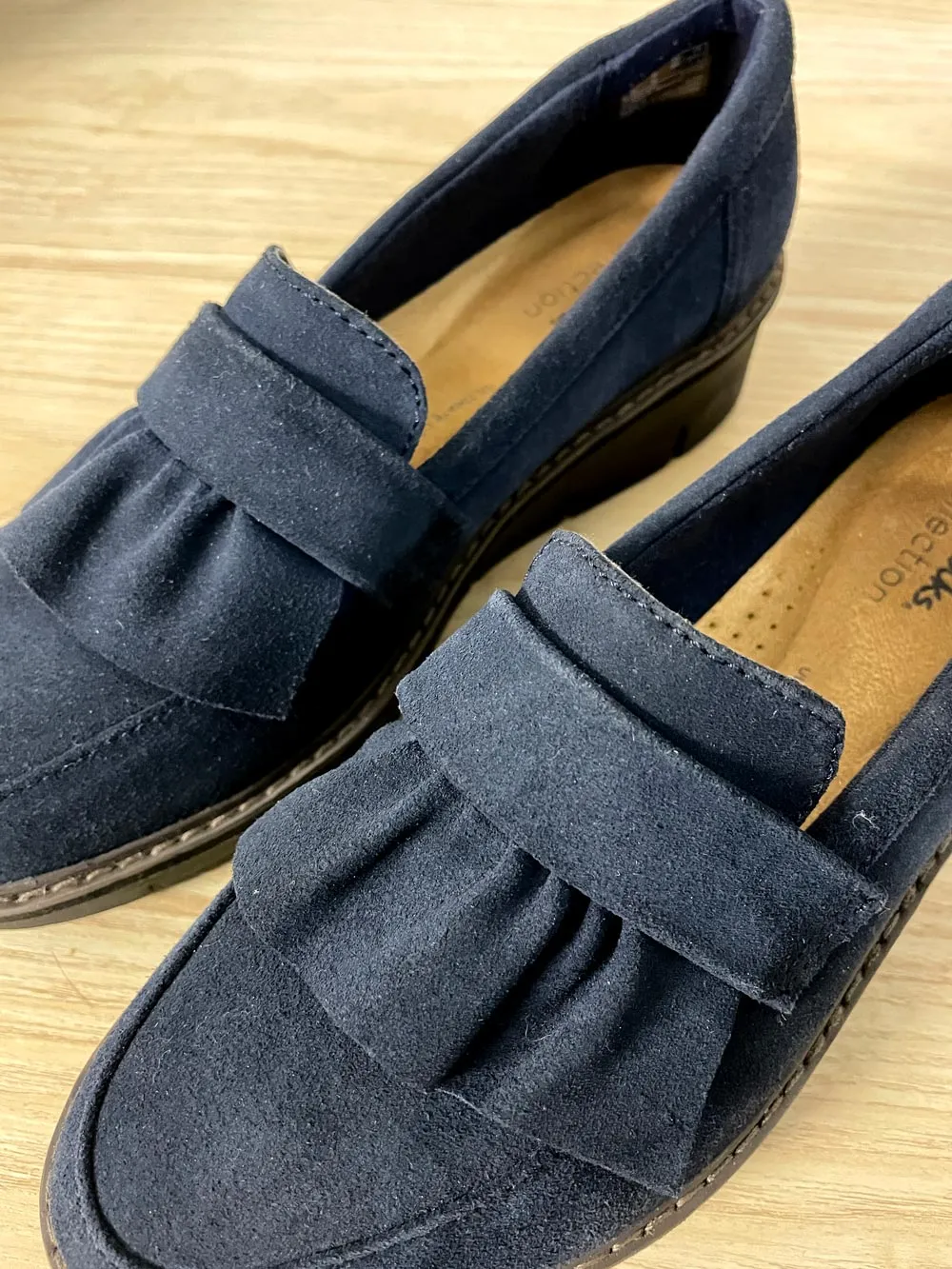 clarks ruffle suede platform loafer