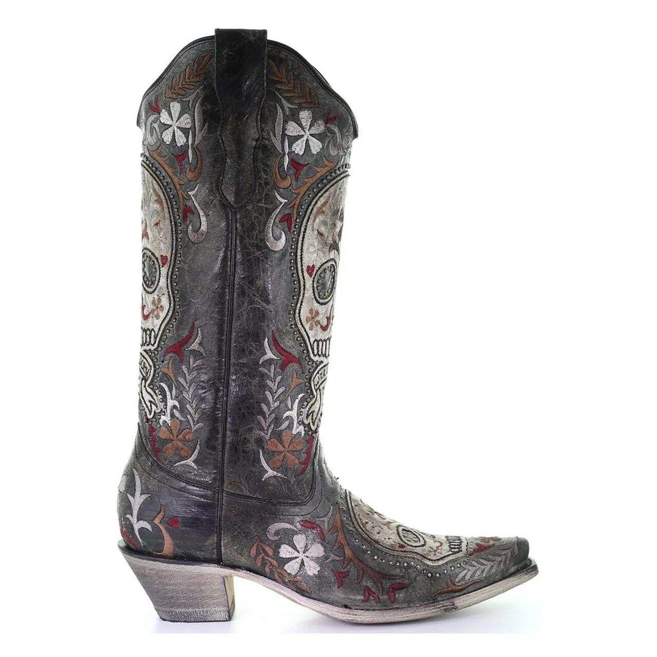 Corral Black and White Sugar Skull Embroidered Studded Boots