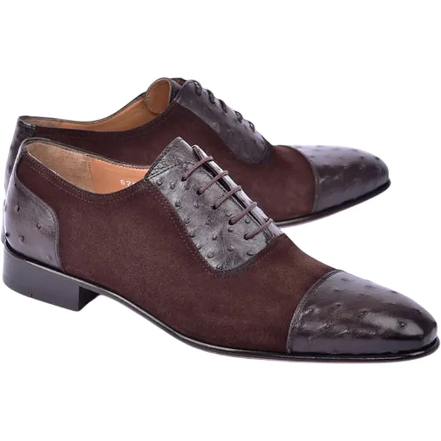 Corrente Men’s Genuine Ostrich Leather Brown Cap Toe Dress Shoe