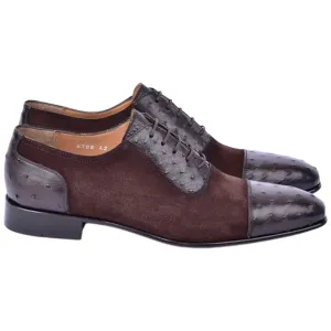 Corrente Men’s Genuine Ostrich Leather Brown Cap Toe Dress Shoe