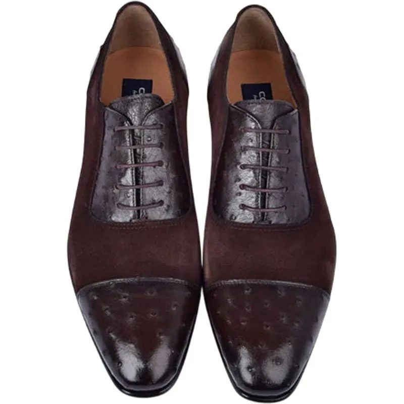 Corrente Men’s Genuine Ostrich Leather Brown Cap Toe Dress Shoe