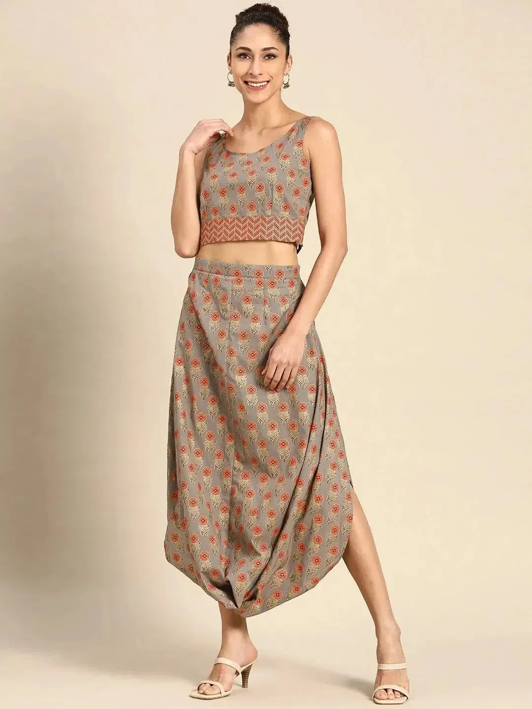 Cowl skirt with crop Top in Grey Print