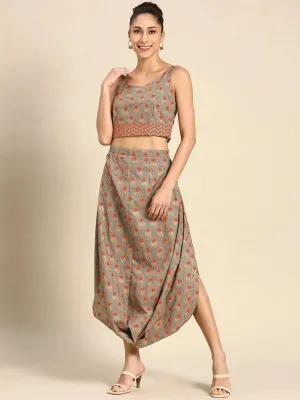 Cowl skirt with crop Top in Grey Print