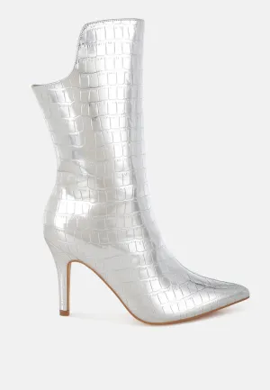 Croco Stiletto Heel Mid-Calf Boots By RUW