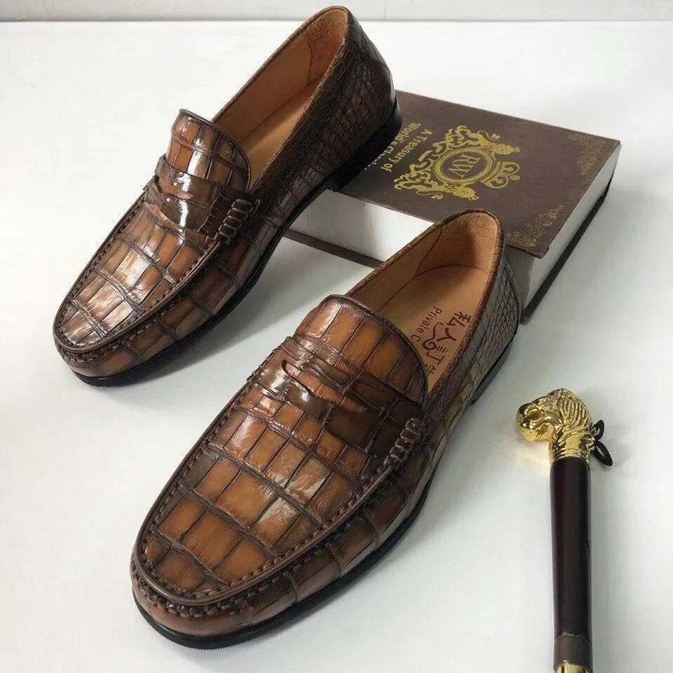 Crocodile Shoes Crocodile  Leather Shoes Mens Slip-On Driving Loafer Shoes Vintage Brown