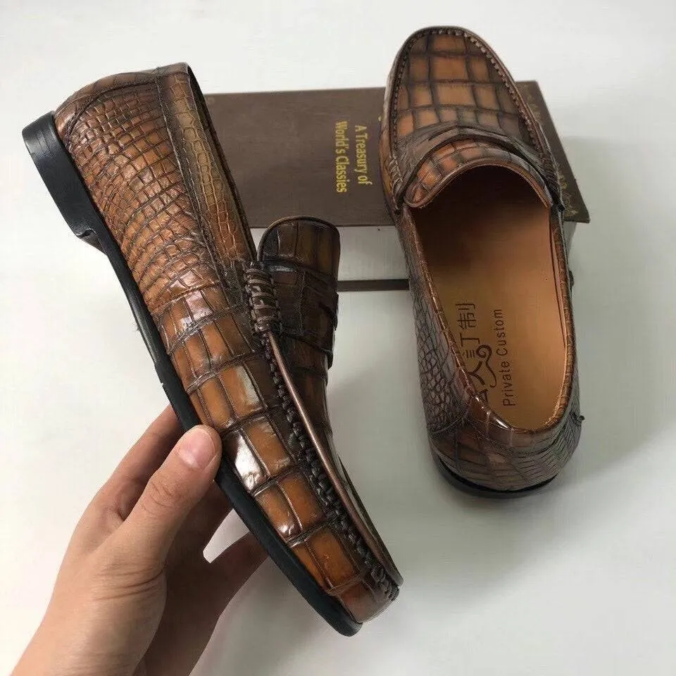 Crocodile Shoes Crocodile  Leather Shoes Mens Slip-On Driving Loafer Shoes Vintage Brown