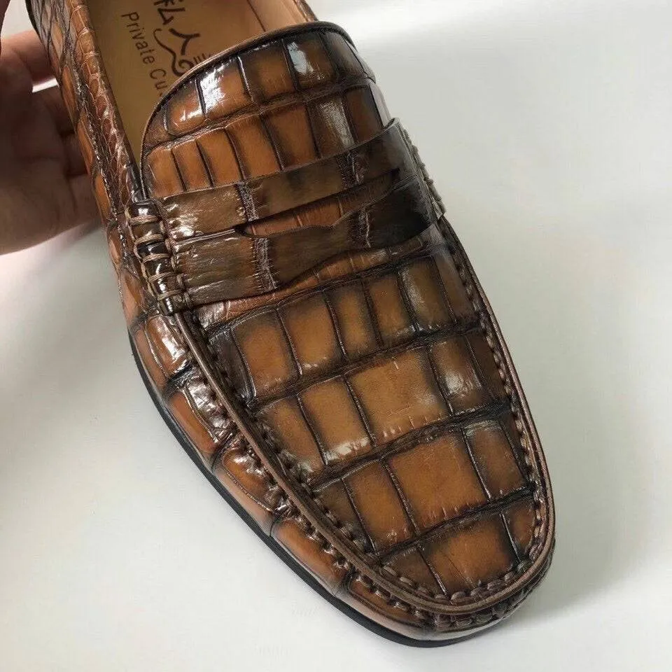 Crocodile Shoes Crocodile  Leather Shoes Mens Slip-On Driving Loafer Shoes Vintage Brown