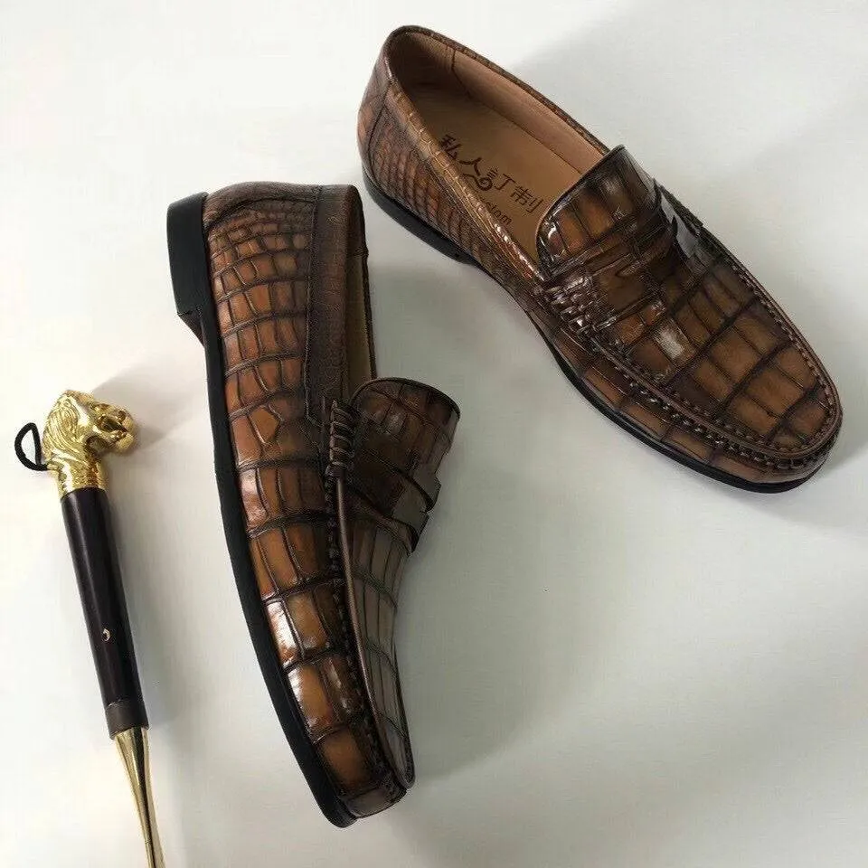Crocodile Shoes Crocodile  Leather Shoes Mens Slip-On Driving Loafer Shoes Vintage Brown