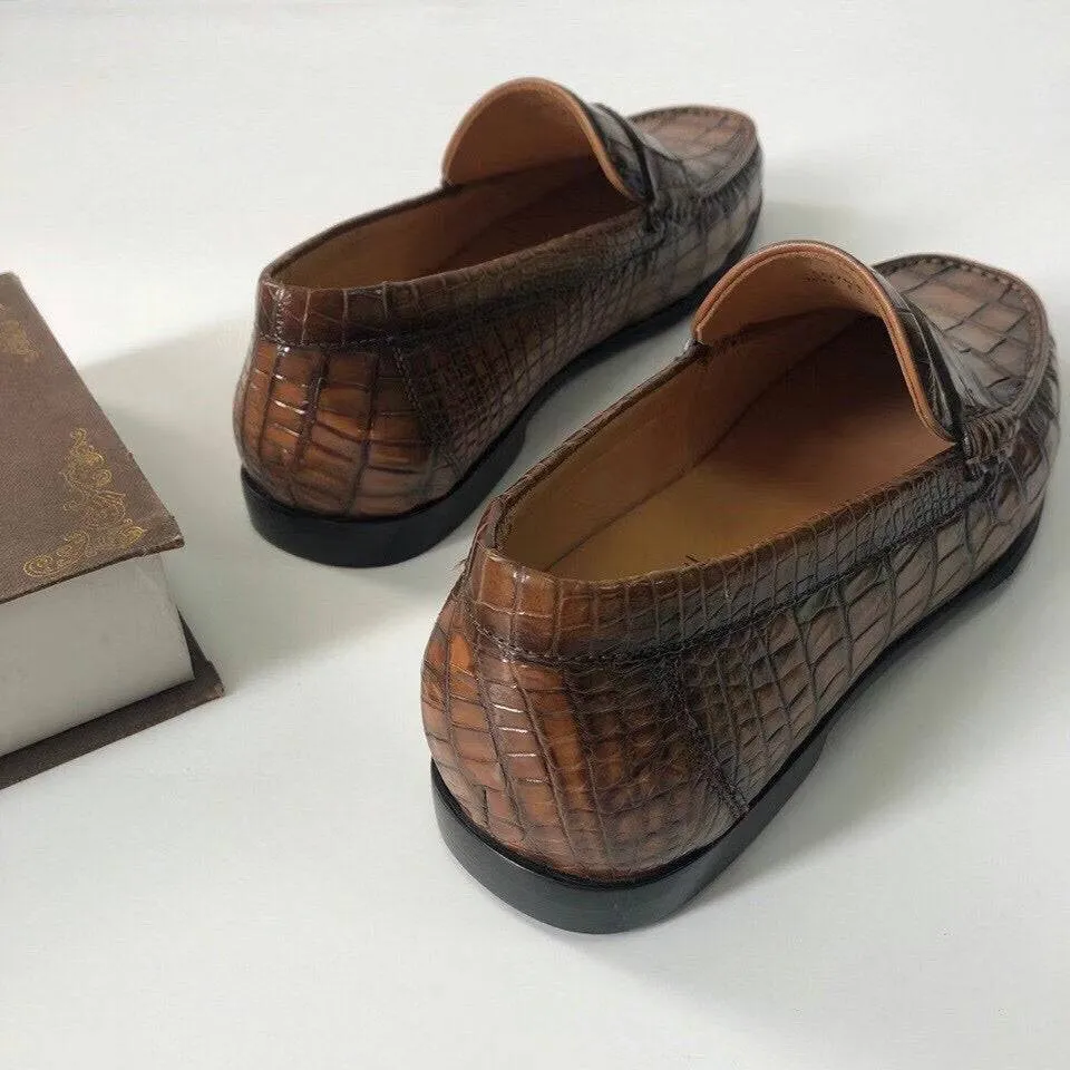 Crocodile Shoes Crocodile  Leather Shoes Mens Slip-On Driving Loafer Shoes Vintage Brown